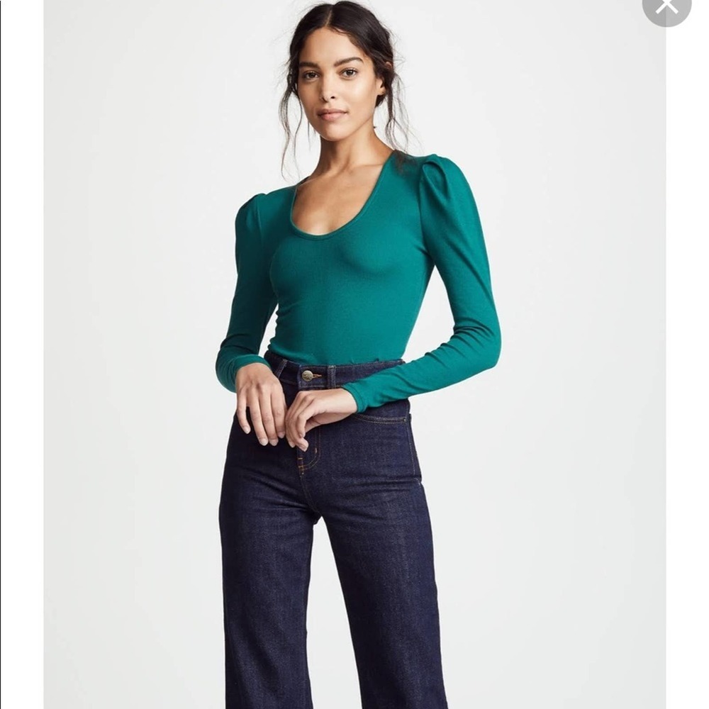 Free People Hey Lady Ribbed Teal Puffy Sleeve Long Sleeve Top *. Cowgirl country